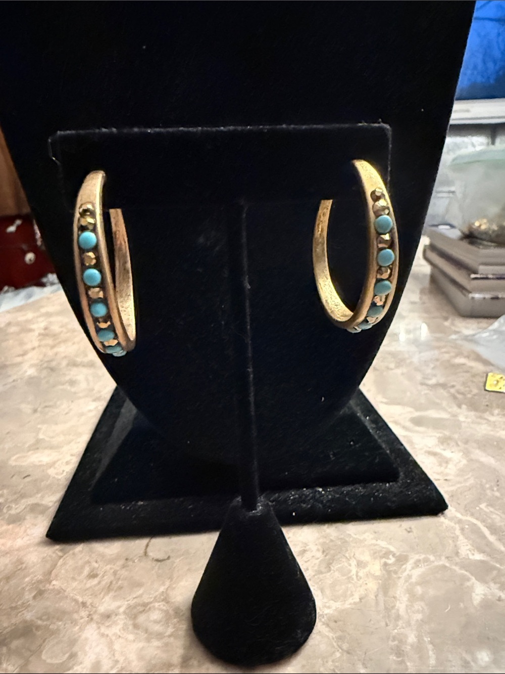 Chico‘s darkened gold tone hoop earrings w turquoise and golden stones pierced